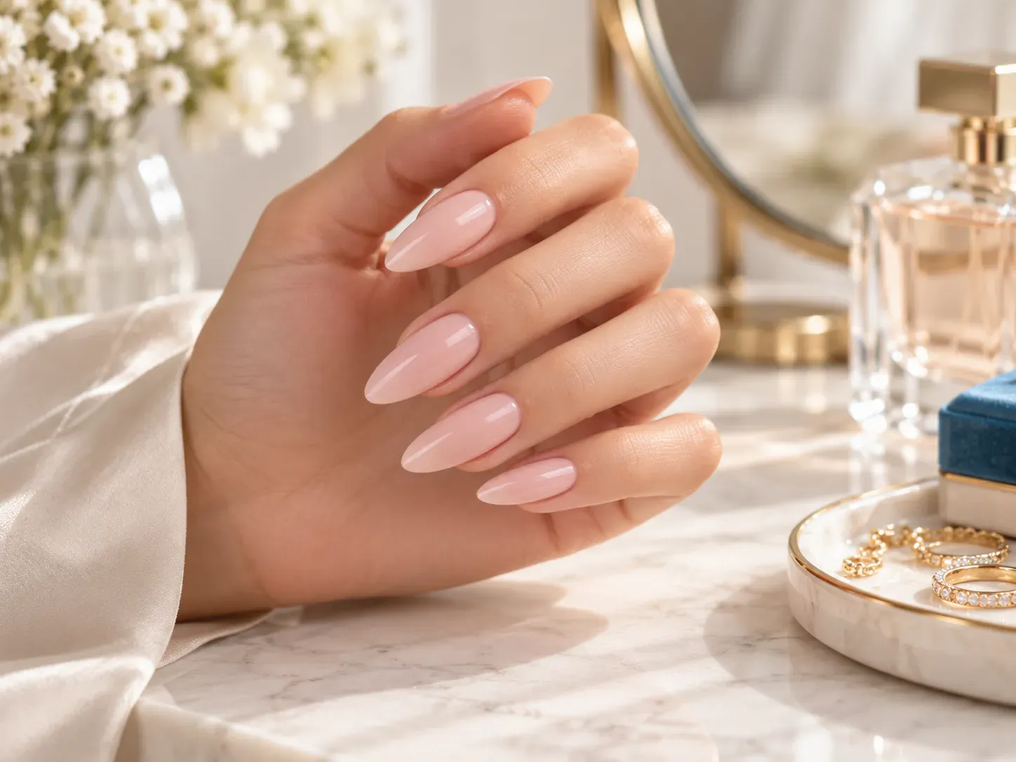 Long almond nail extensions with glossy nude pink gel colour in a polished beauty setting.