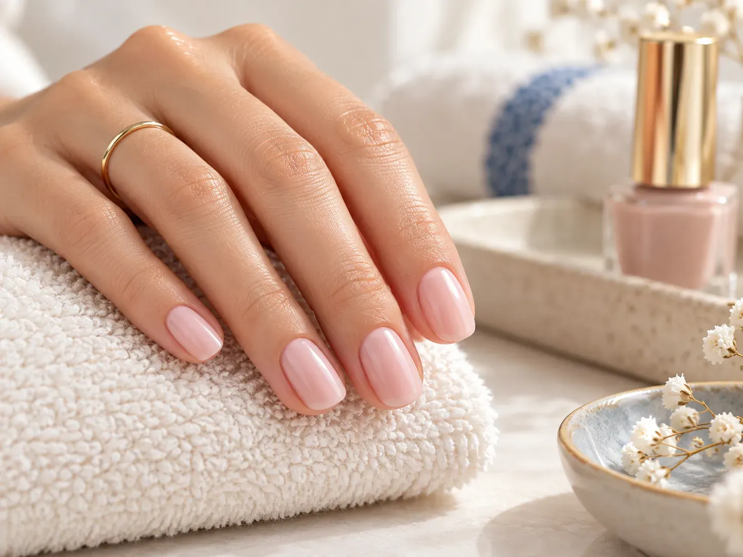 Natural nails finished with glossy pale pink gel polish in a clean, elegant manicure setting.