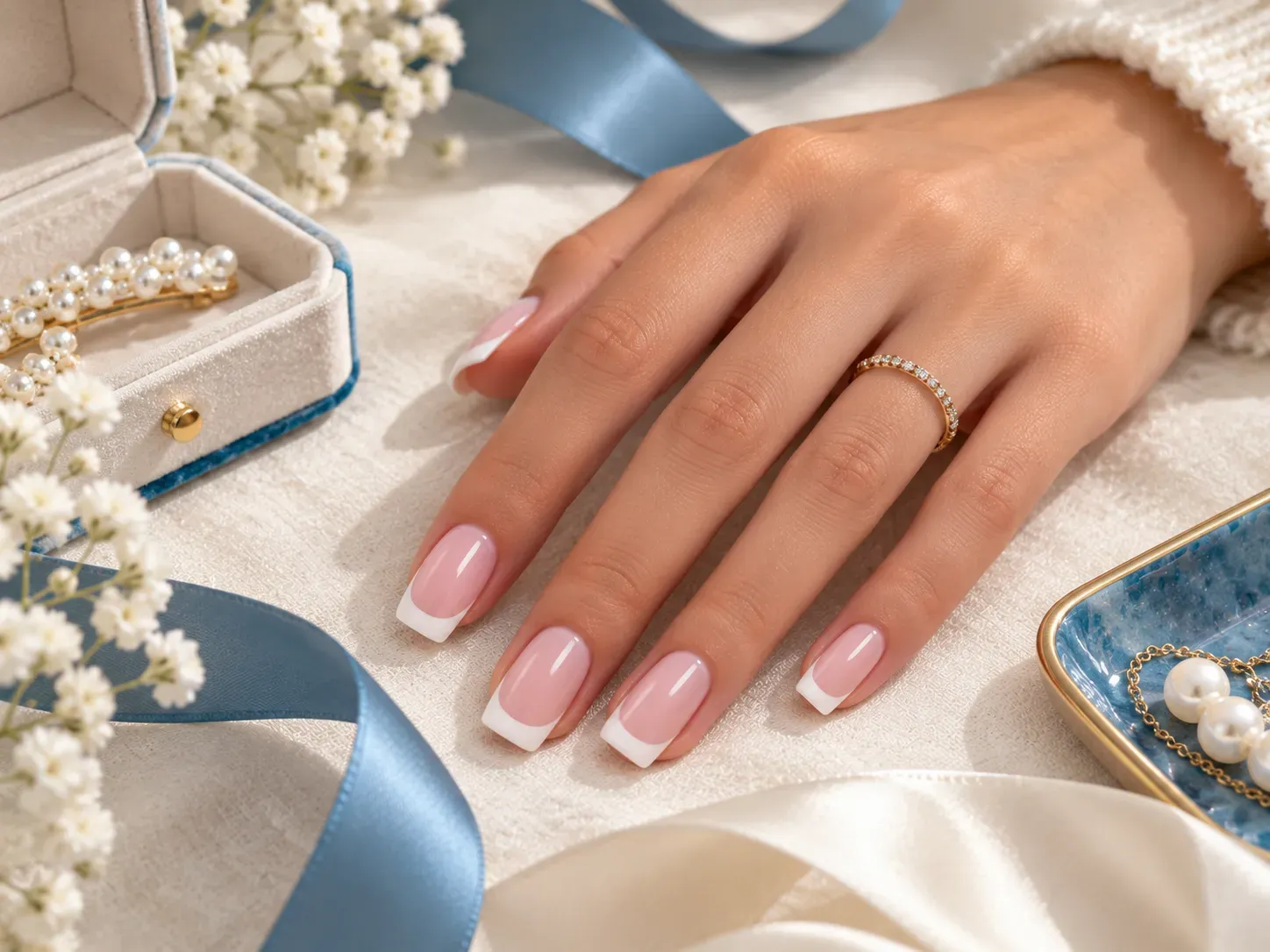 Classic French full set nail extensions with soft pink bases and crisp white tips.