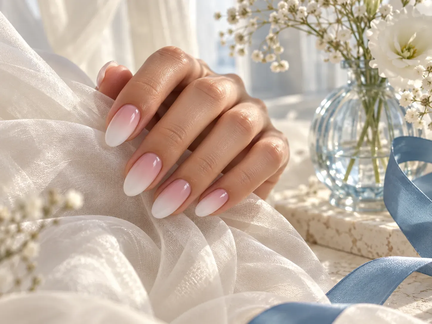 Soft pink to white ombre nail extensions with a smooth glossy finish and elegant almond shape.